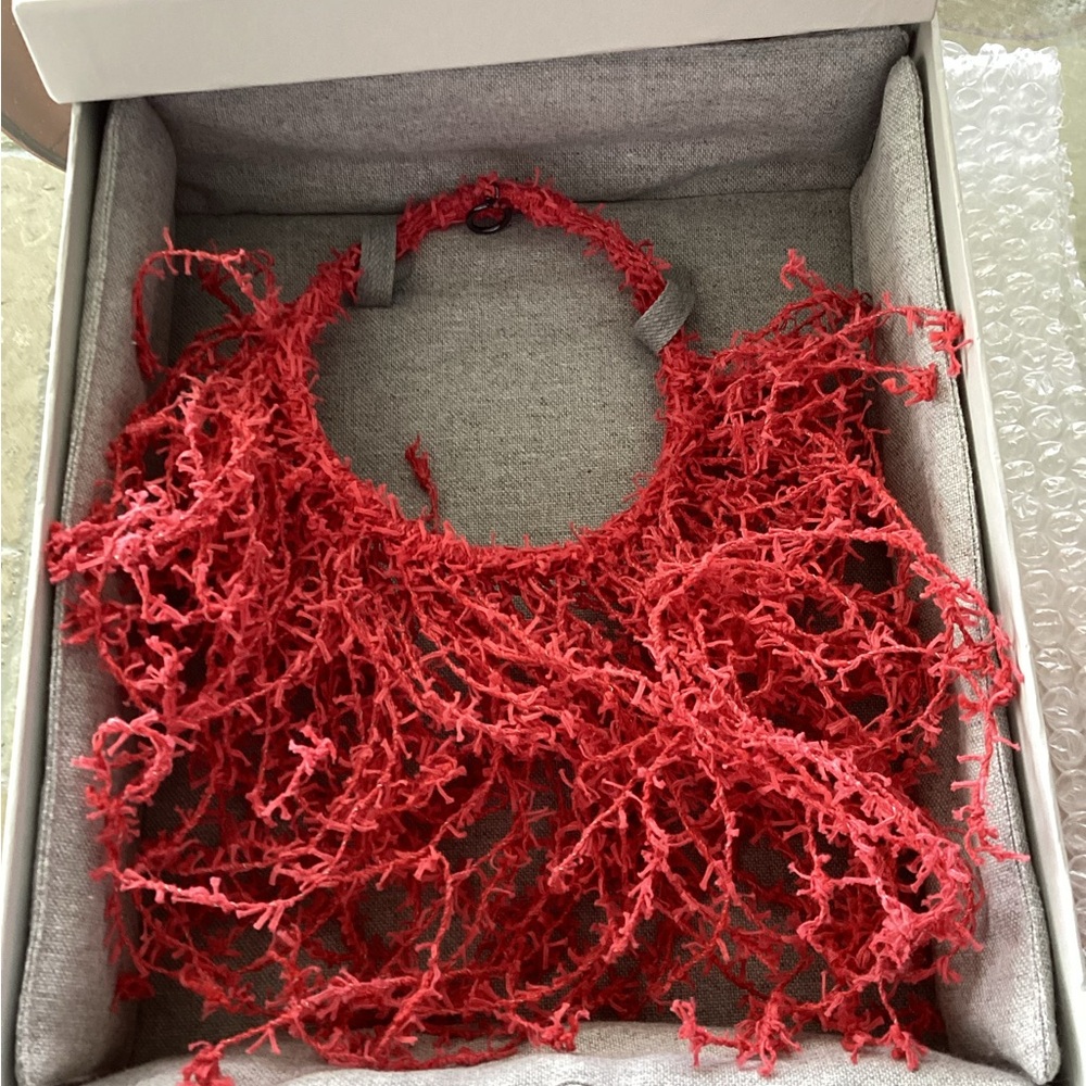 NIB Brunello Cucinelli Red Textured Fabric Fringe Collar Choker